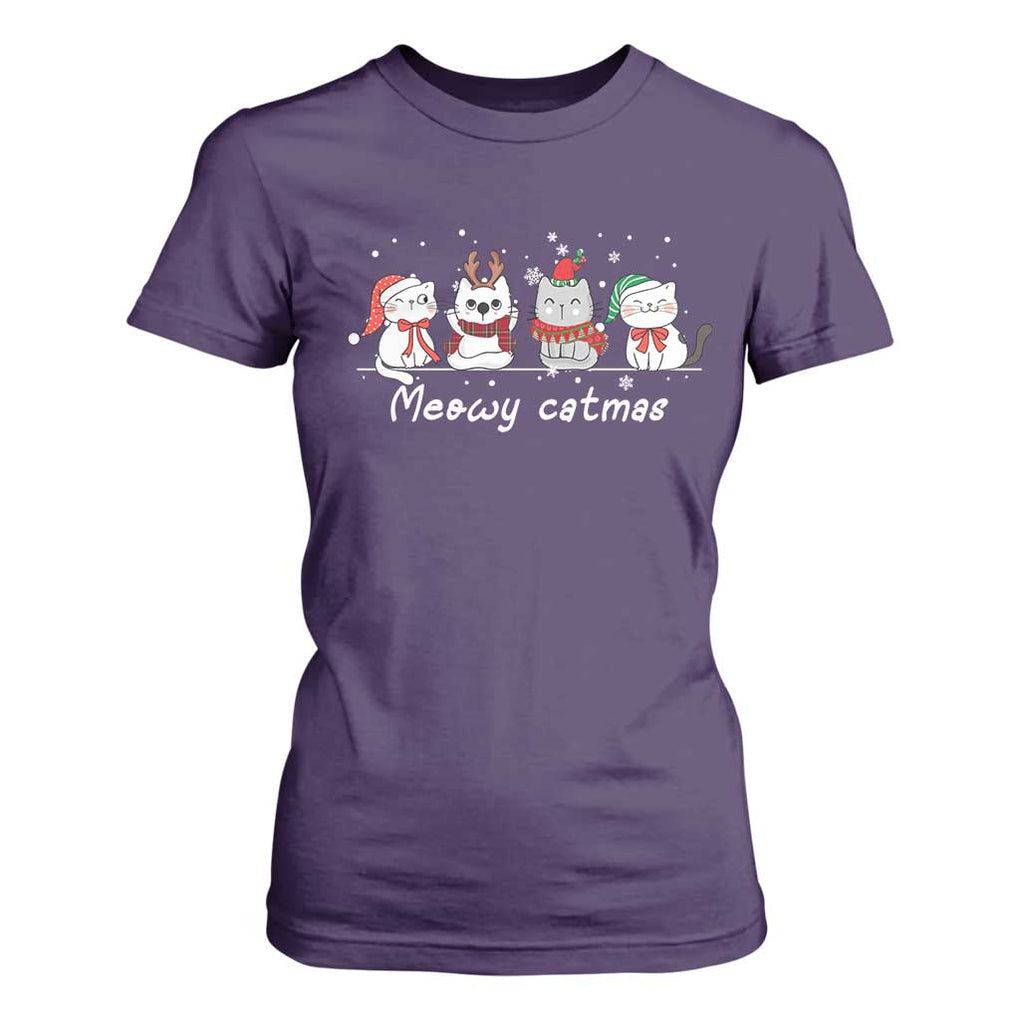 Xmas Cat T Shirt For Women Meowy Catmas Cute Cat Santa Hat TS09 Purple Print Your Wear