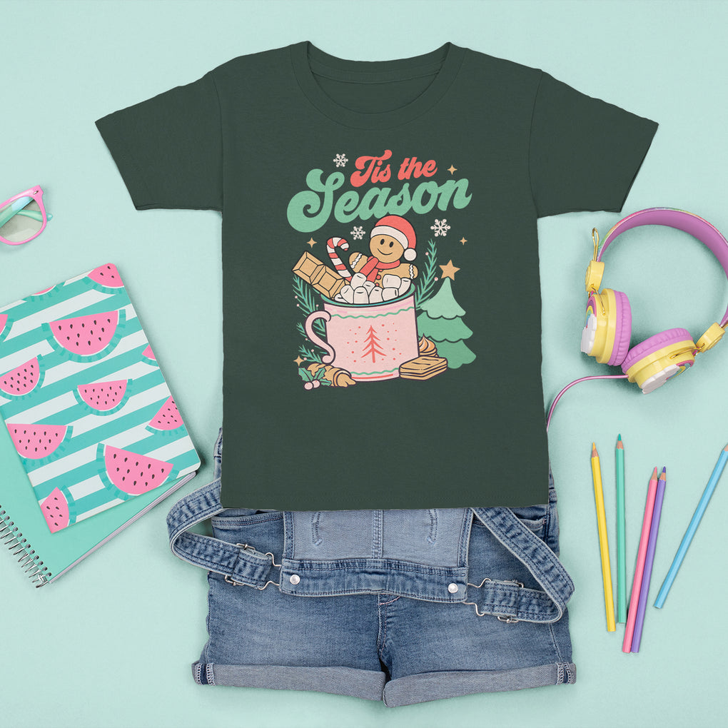Tis The Season Groovy Retro Christmas Gingerbread Hot Cocoa T Shirt For Kid TS09 Dark Forest Green Printyourwear