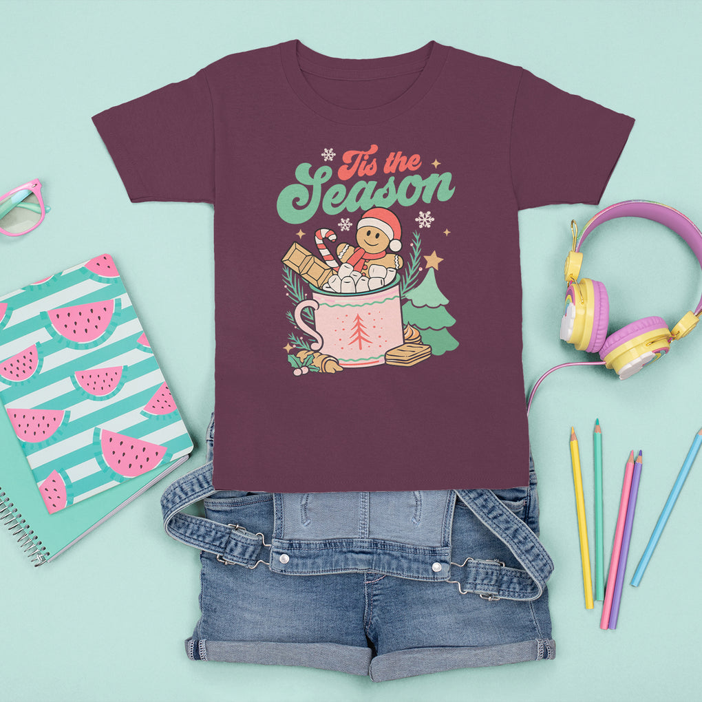 Tis The Season Groovy Retro Christmas Gingerbread Hot Cocoa T Shirt For Kid TS09 Maroon Printyourwear
