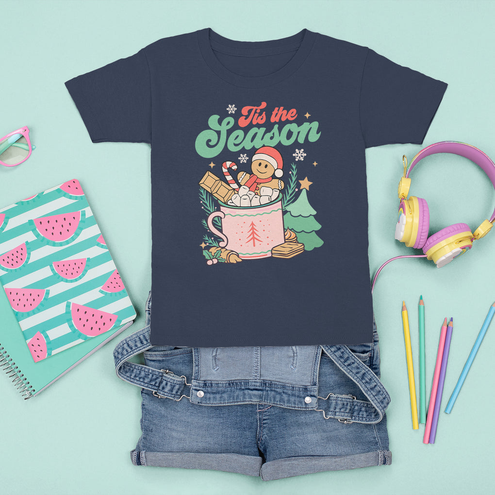 Tis The Season Groovy Retro Christmas Gingerbread Hot Cocoa T Shirt For Kid TS09 Navy Printyourwear