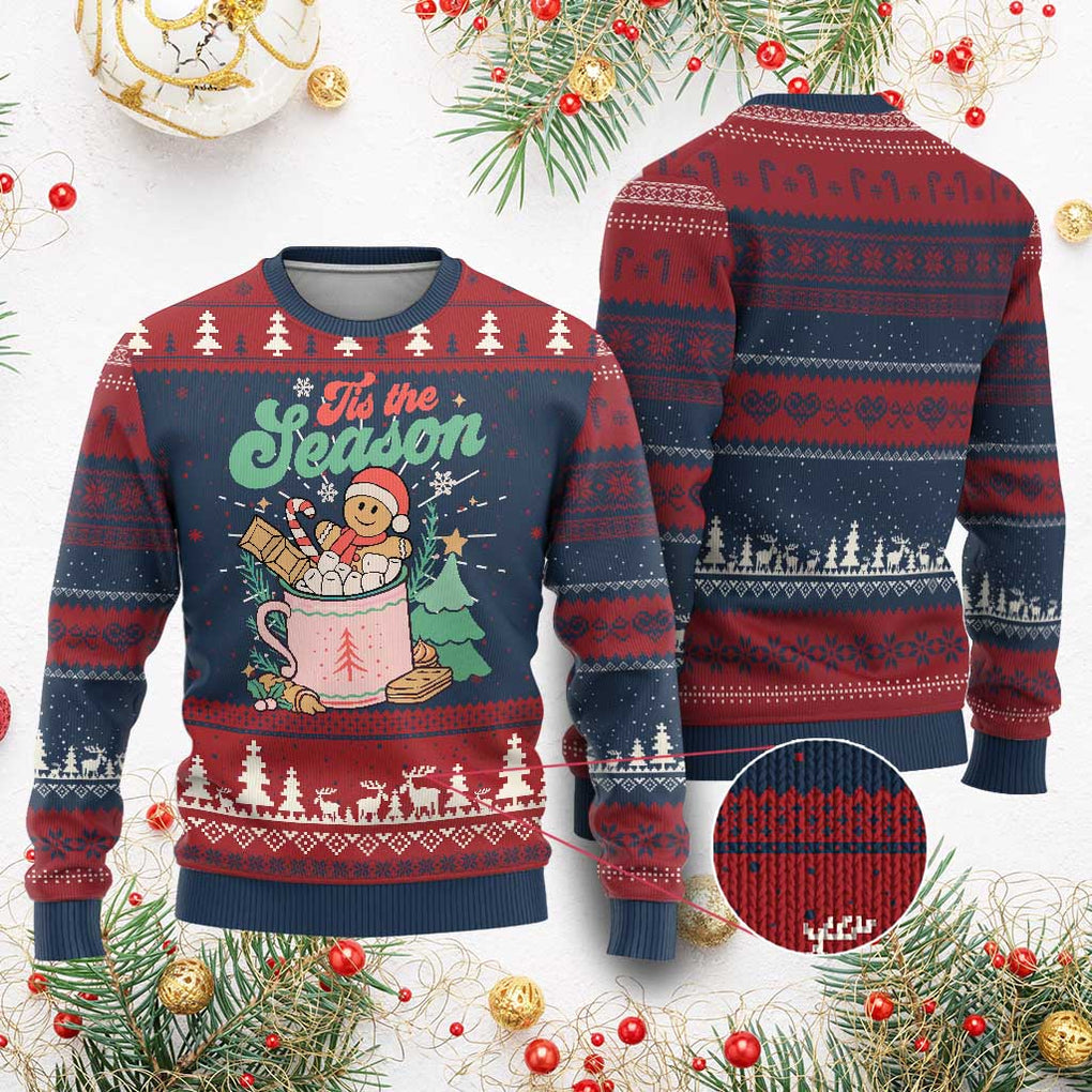 Tis The Season Xmas Ugly Christmas Sweater Groovy Retro Gingerbread Hot Cocoa TS09 Burgundy Print Your Wear