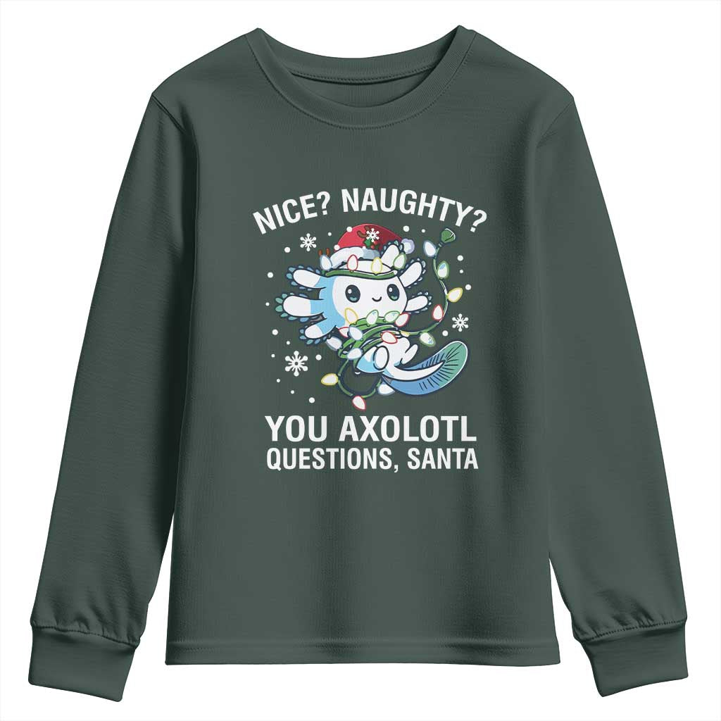 Christmas Axolotl Youth Sweatshirt Nice Naughty You Axolotl Questions Santa TS09 Dark Forest Green Print Your Wear