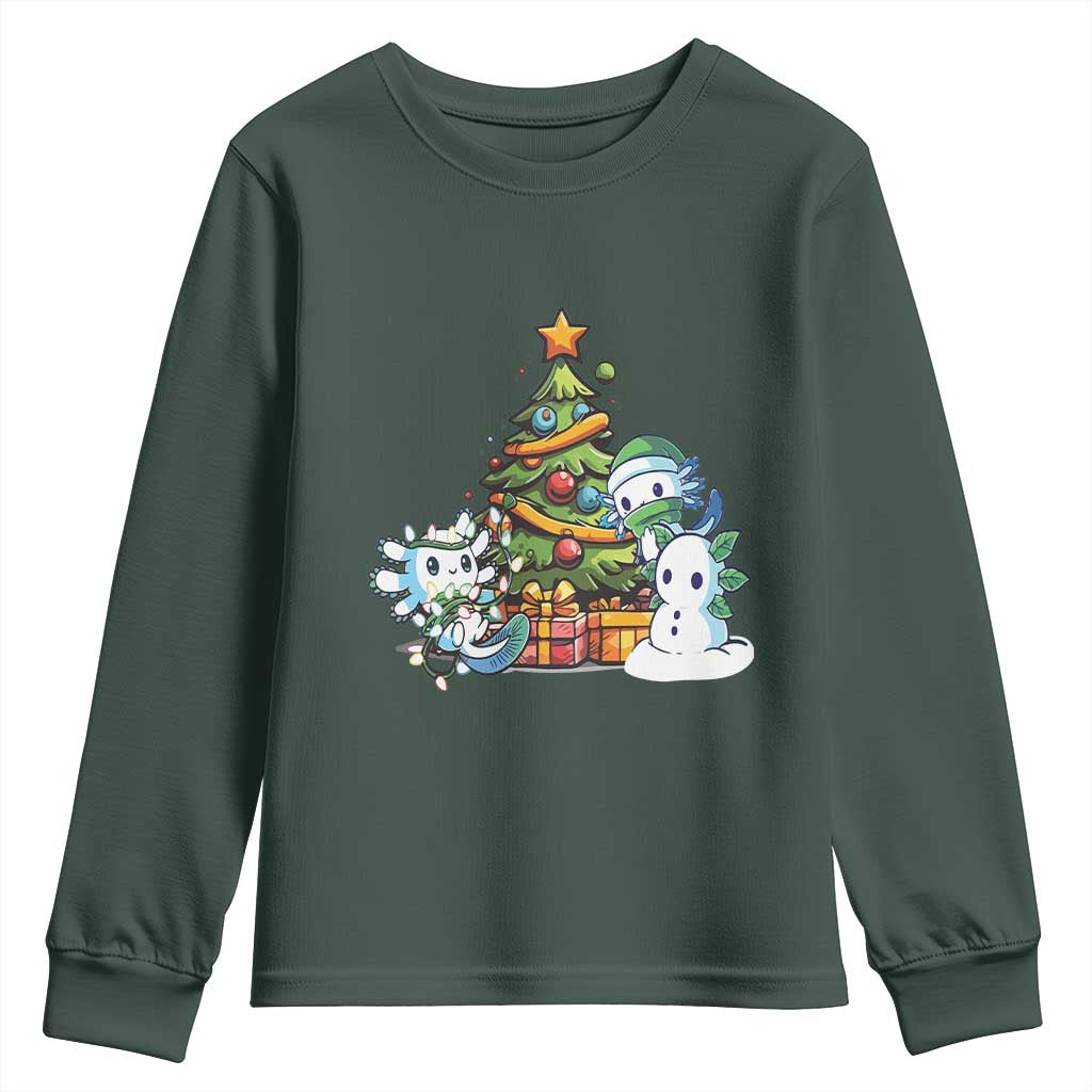 Cute Axolotl Christmas Tree Youth Sweatshirt TS09 Dark Forest Green Print Your Wear