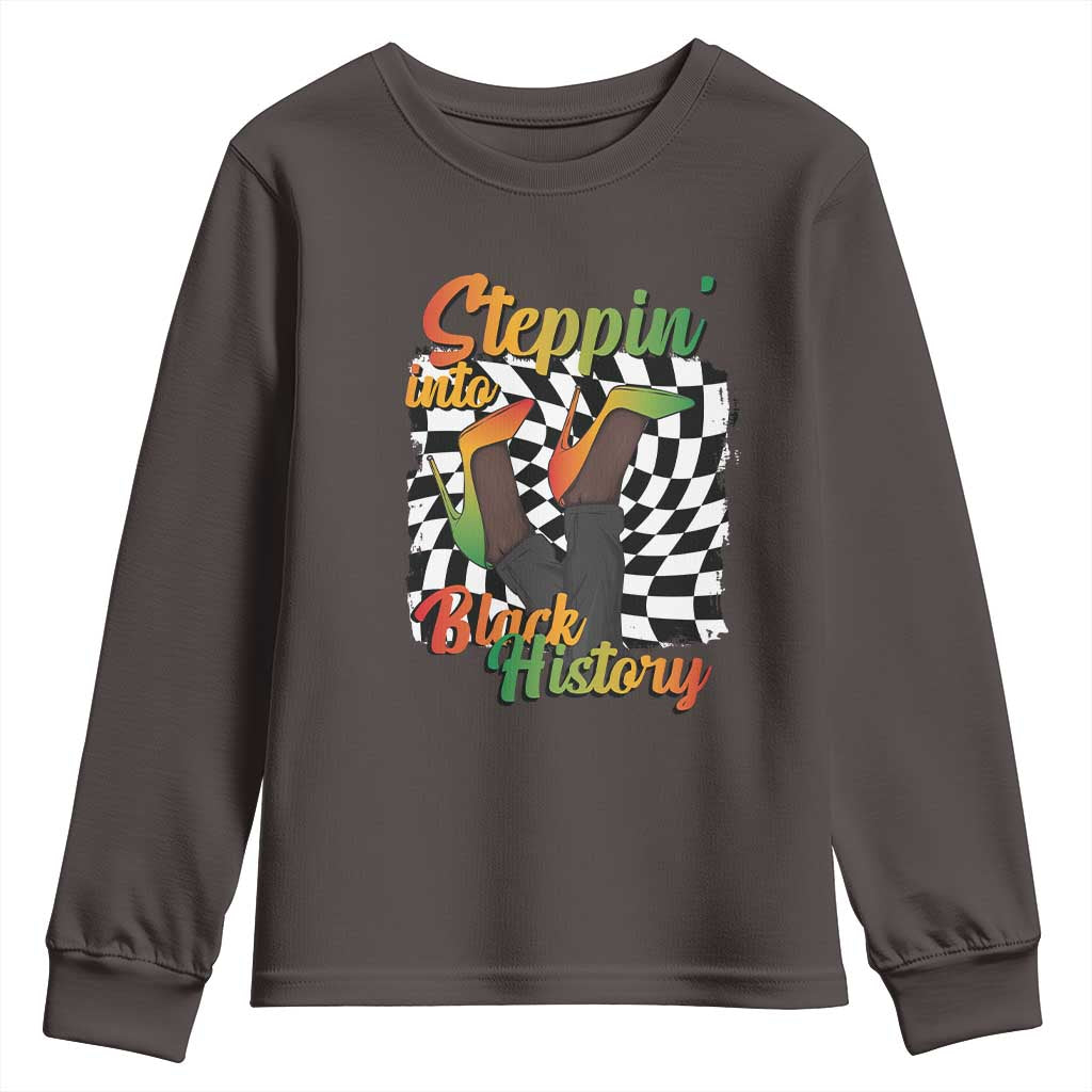 Stepping Into Black History Month Youth Sweatshirt African American Women Melanin Pride TS09 Dark Chocolate Print Your Wear