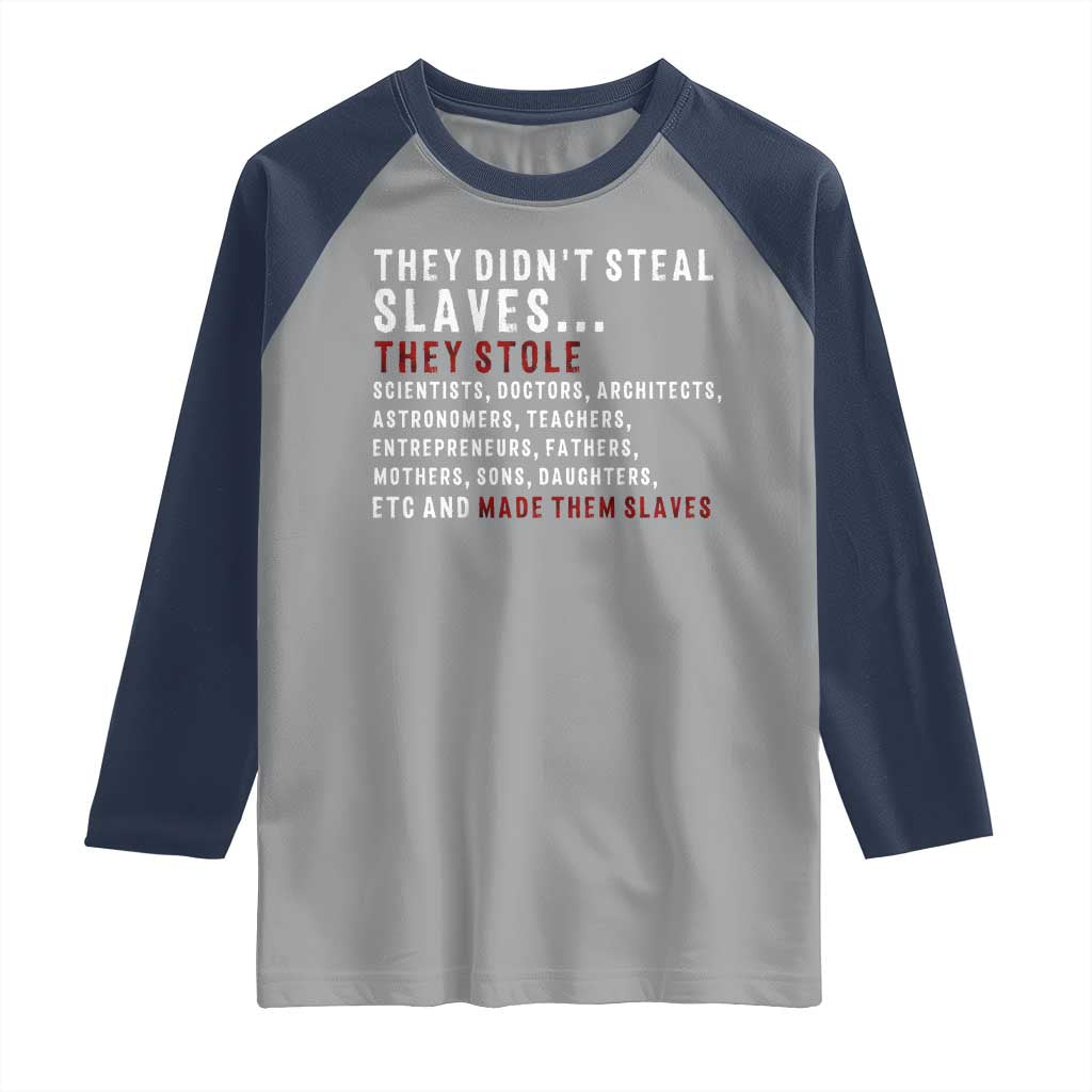 Black History Raglan Shirt They Didn't Steal Slaves They Stolen And Made Them Slaves TS09 Sport Gray Navy Print Your Wear