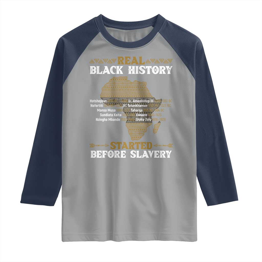 Real Black History Started Before Slavery Raglan Shirt TS09 Sport Gray Navy Print Your Wear