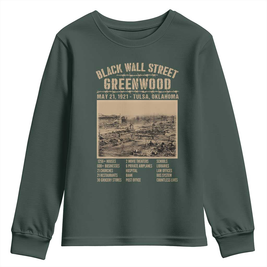 Black Wall Street Youth Sweatshirt - Never Forget 1921 Tulsa Black History Retro Heritage TS09 Dark Forest Green Print Your Wear