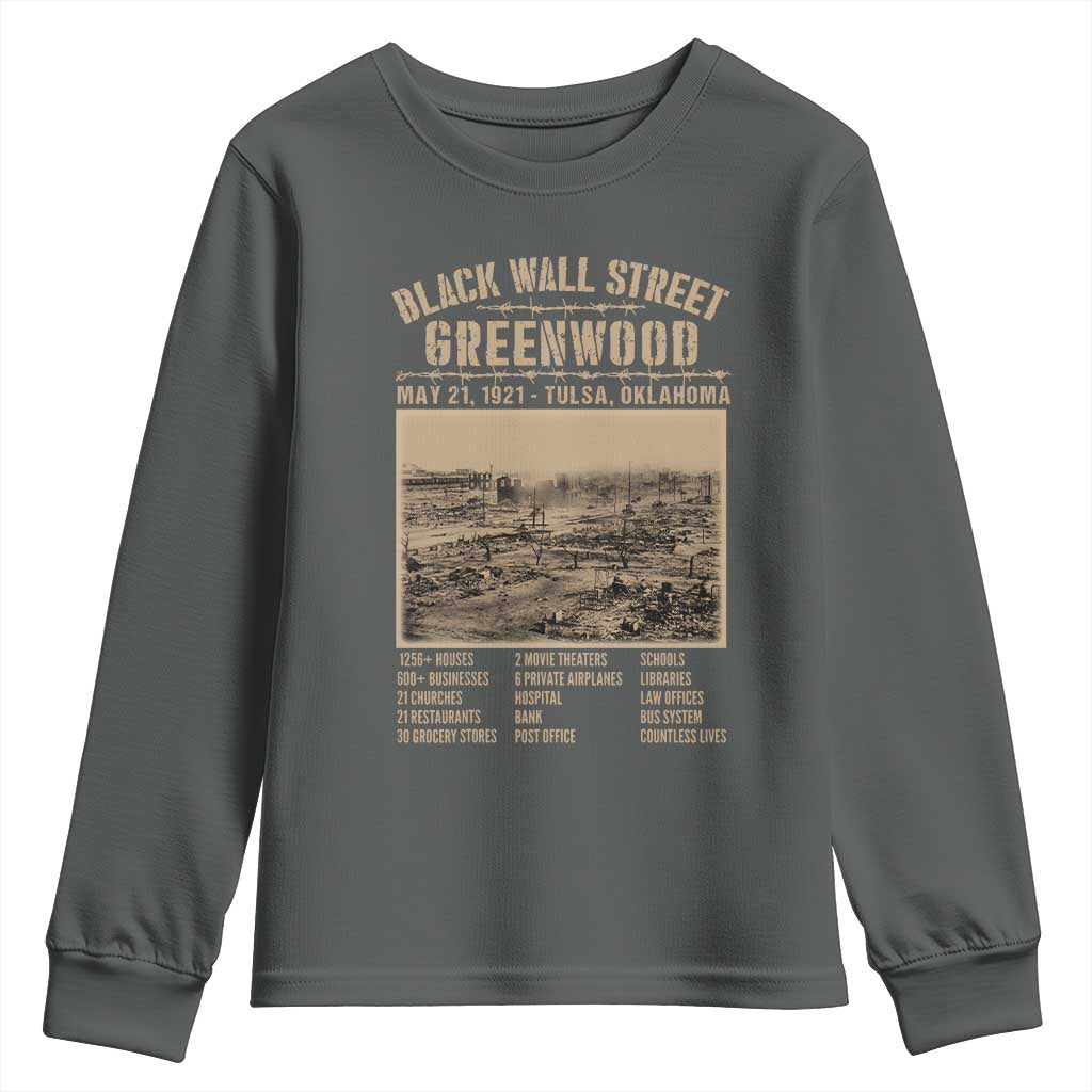Black Wall Street Youth Sweatshirt - Never Forget 1921 Tulsa Black History Retro Heritage TS09 Dark Heather Print Your Wear