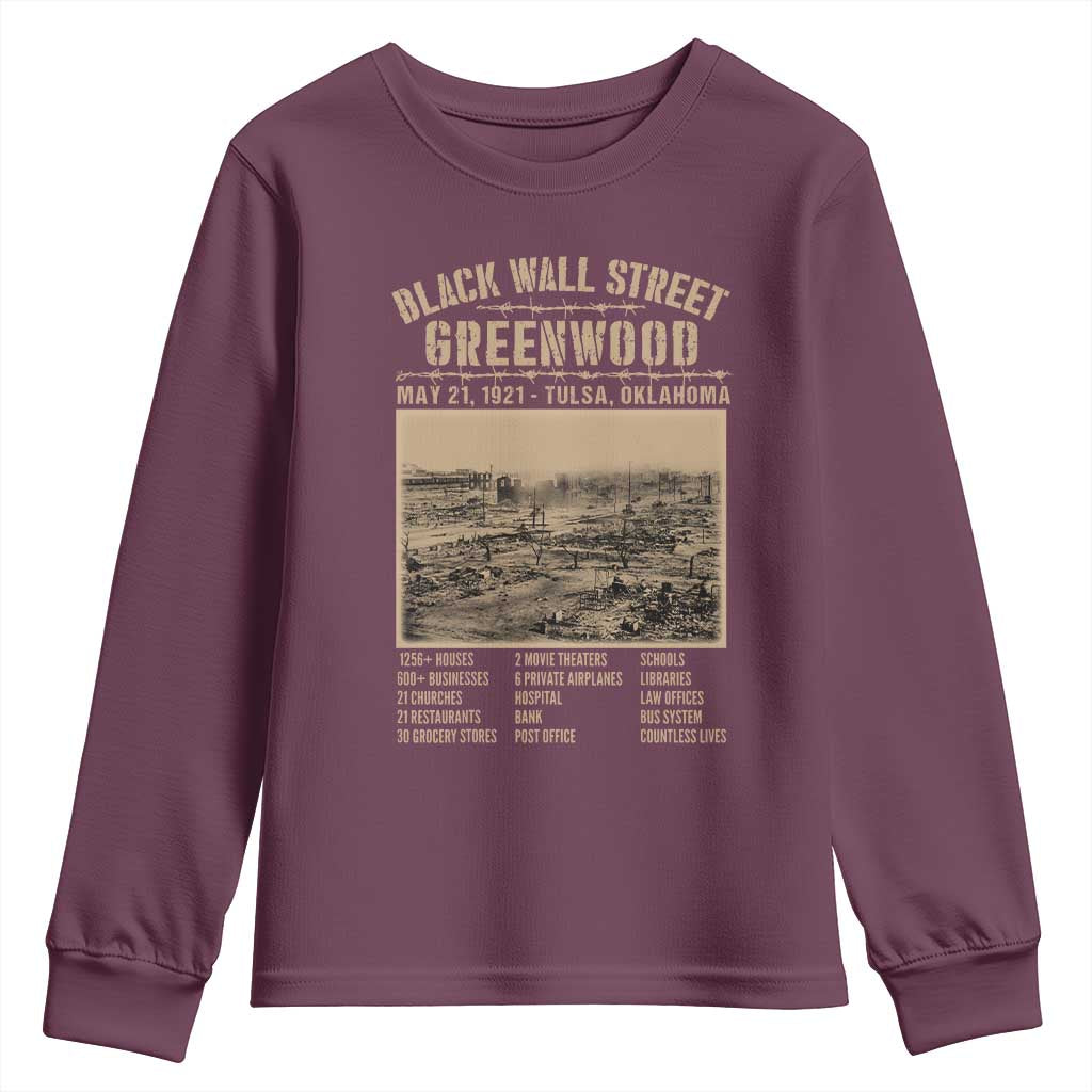Black Wall Street Youth Sweatshirt Never Forget 1921 Tulsa Black History Retro TS09 Maroon Print Your Wear