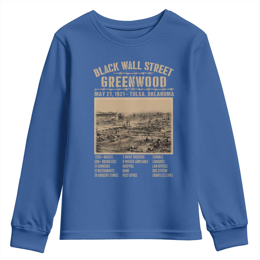 Black Wall Street Youth Sweatshirt - Never Forget 1921 Tulsa Black History Retro Heritage TS09 Royal Blue Print Your Wear
