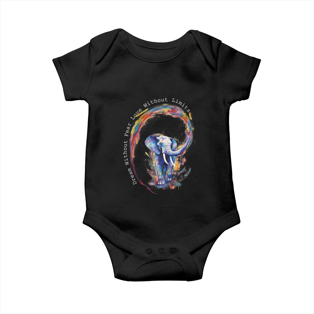 LGBTQ Ally Baby Onesie Dream Without Fear Love Without Limits Rainbow Watercolor Elephant TS09 Black Print Your Wear