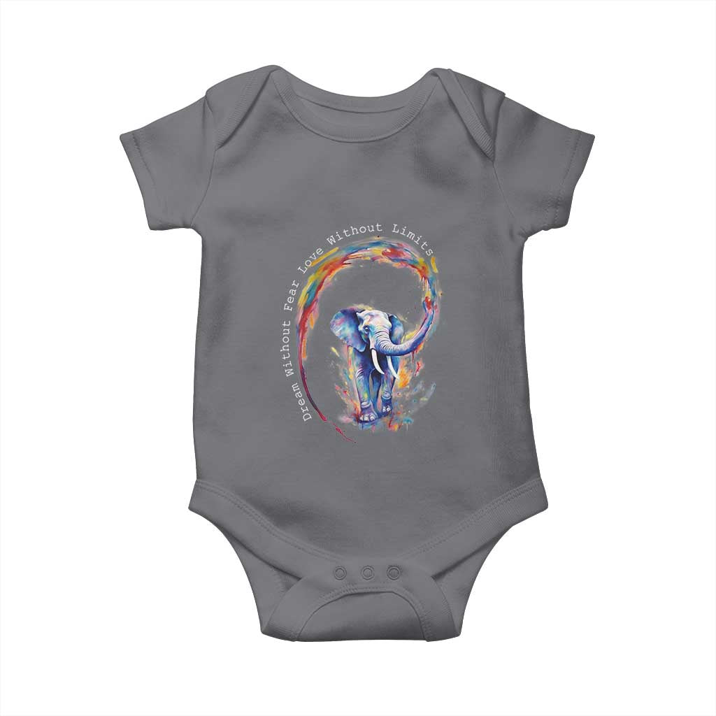 LGBTQ Ally Baby Onesie Dream Without Fear Love Without Limits Rainbow Watercolor Elephant TS09 Charcoal Print Your Wear