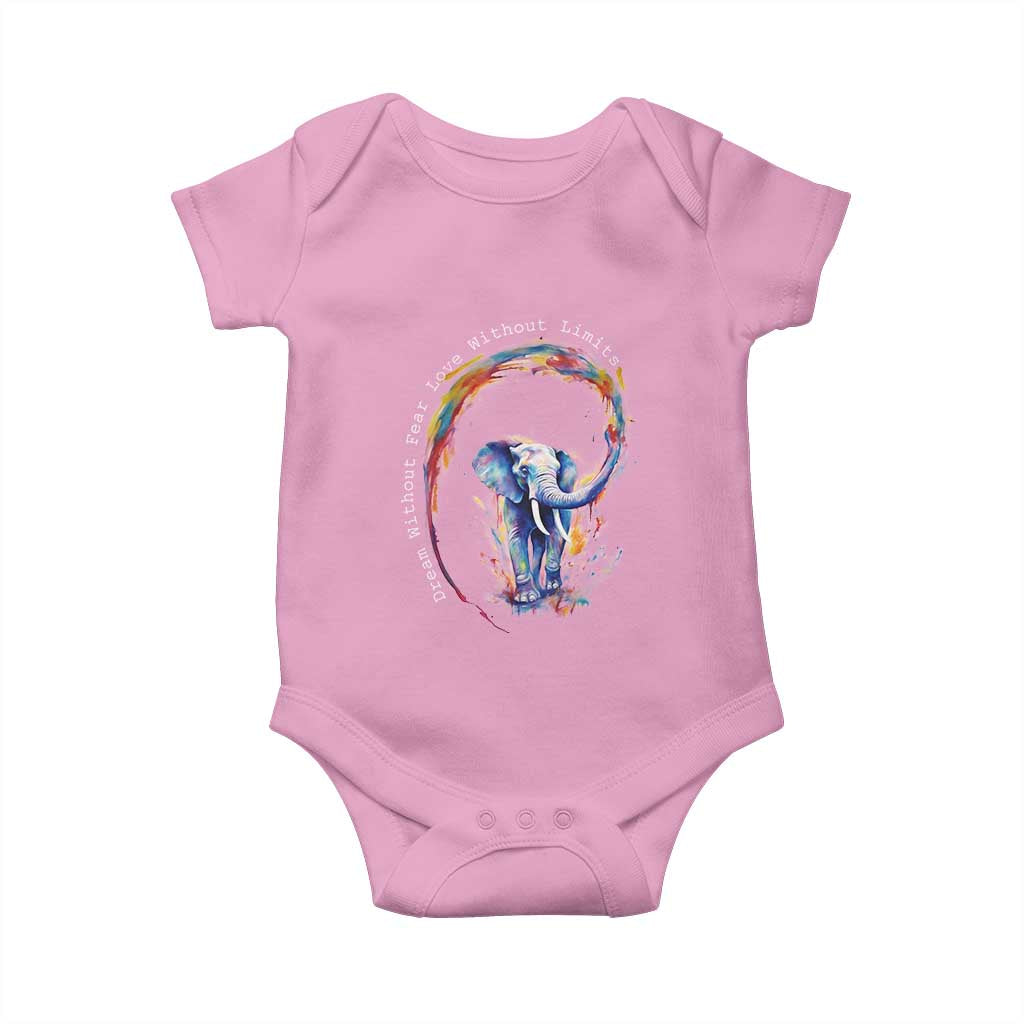 LGBTQ Ally Baby Onesie Dream Without Fear Love Without Limits Rainbow Watercolor Elephant TS09 Light Pink Print Your Wear
