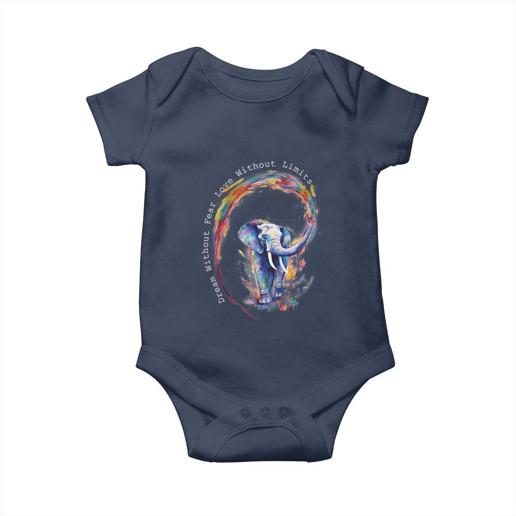 LGBTQ Ally Baby Onesie Dream Without Fear Love Without Limits Rainbow Watercolor Elephant TS09 Navy Print Your Wear