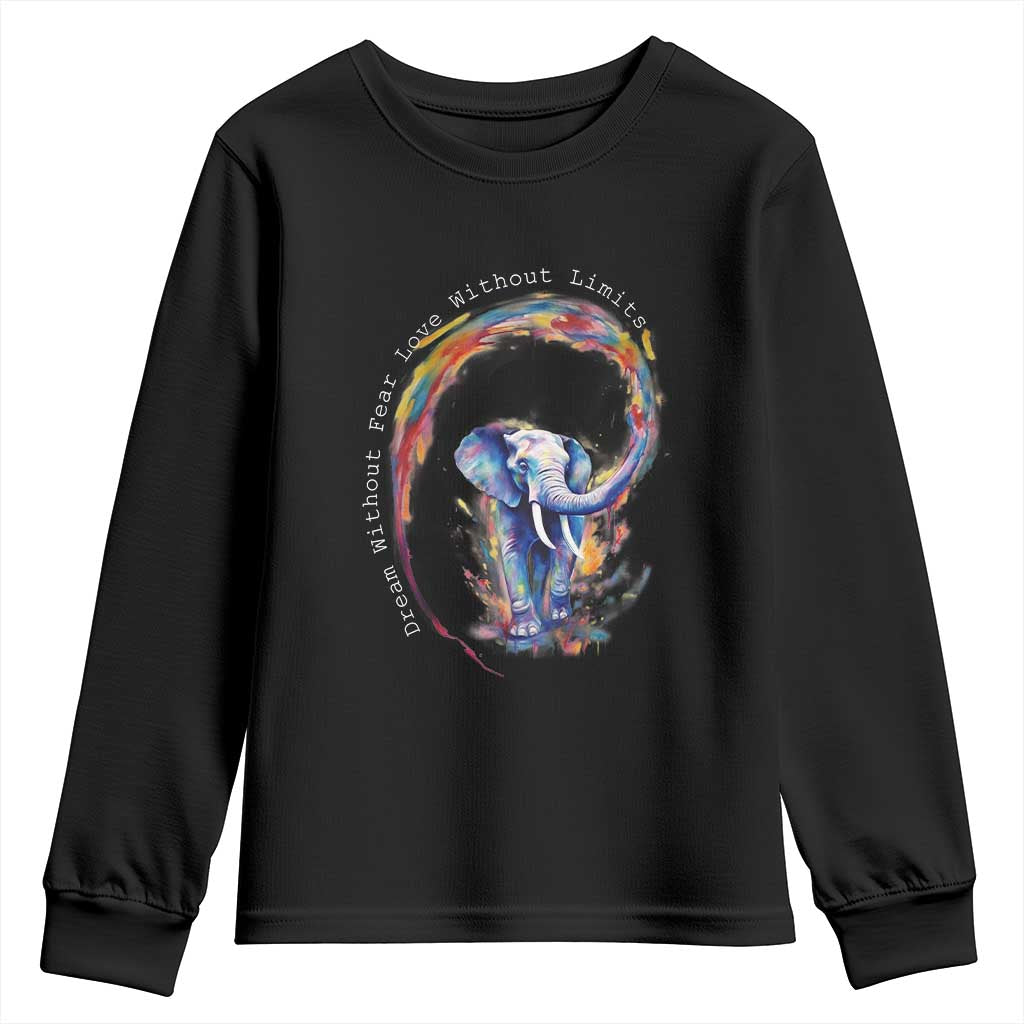 LGBTQ Ally Youth Sweatshirt Dream Without Fear Love Without Limits Rainbow Watercolor Elephant TS09 Black Print Your Wear