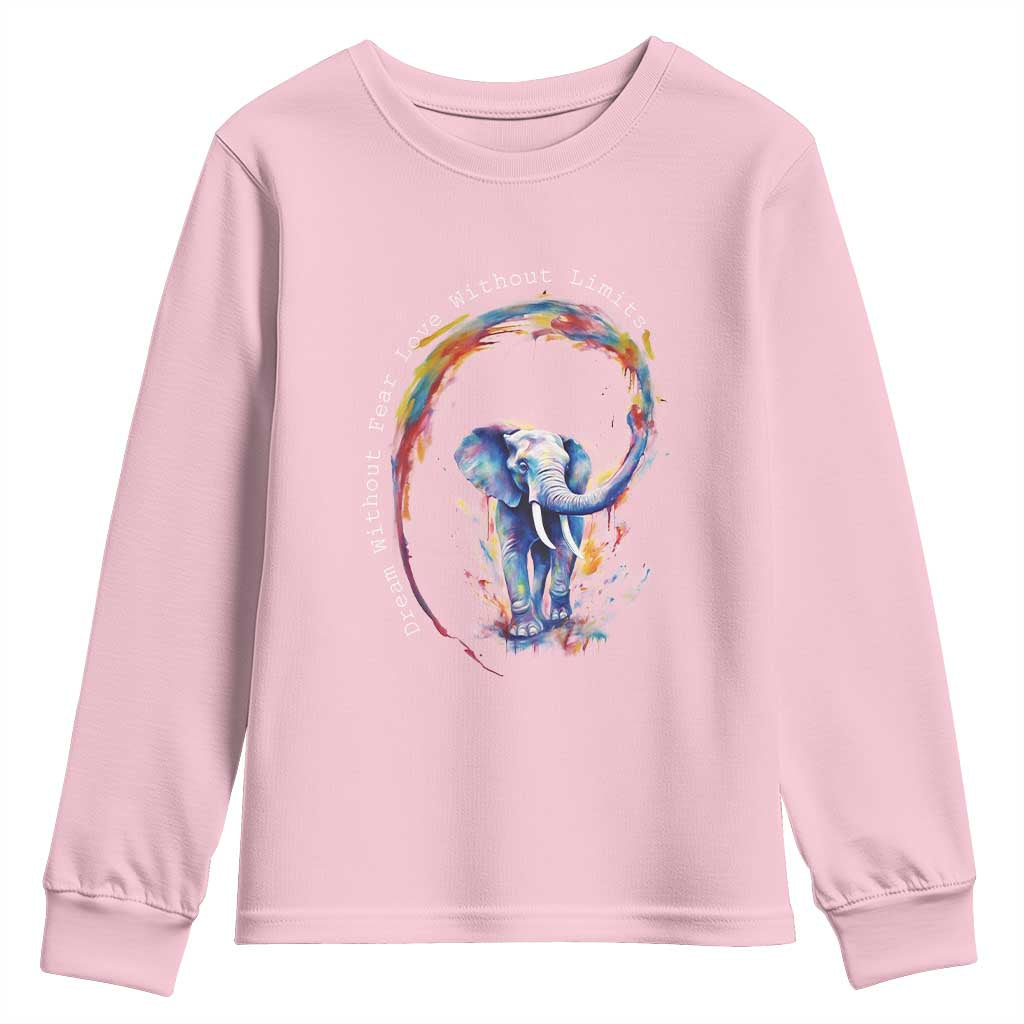 LGBTQ Ally Youth Sweatshirt Dream Without Fear Love Without Limits Rainbow Watercolor Elephant TS09 Light Pink Print Your Wear