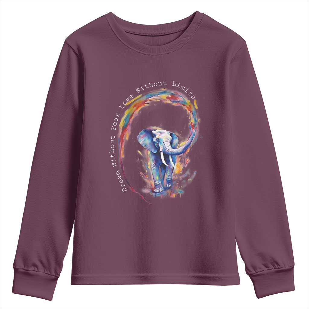 LGBTQ Ally Youth Sweatshirt Dream Without Fear Love Without Limits Rainbow Watercolor Elephant TS09 Maroon Print Your Wear