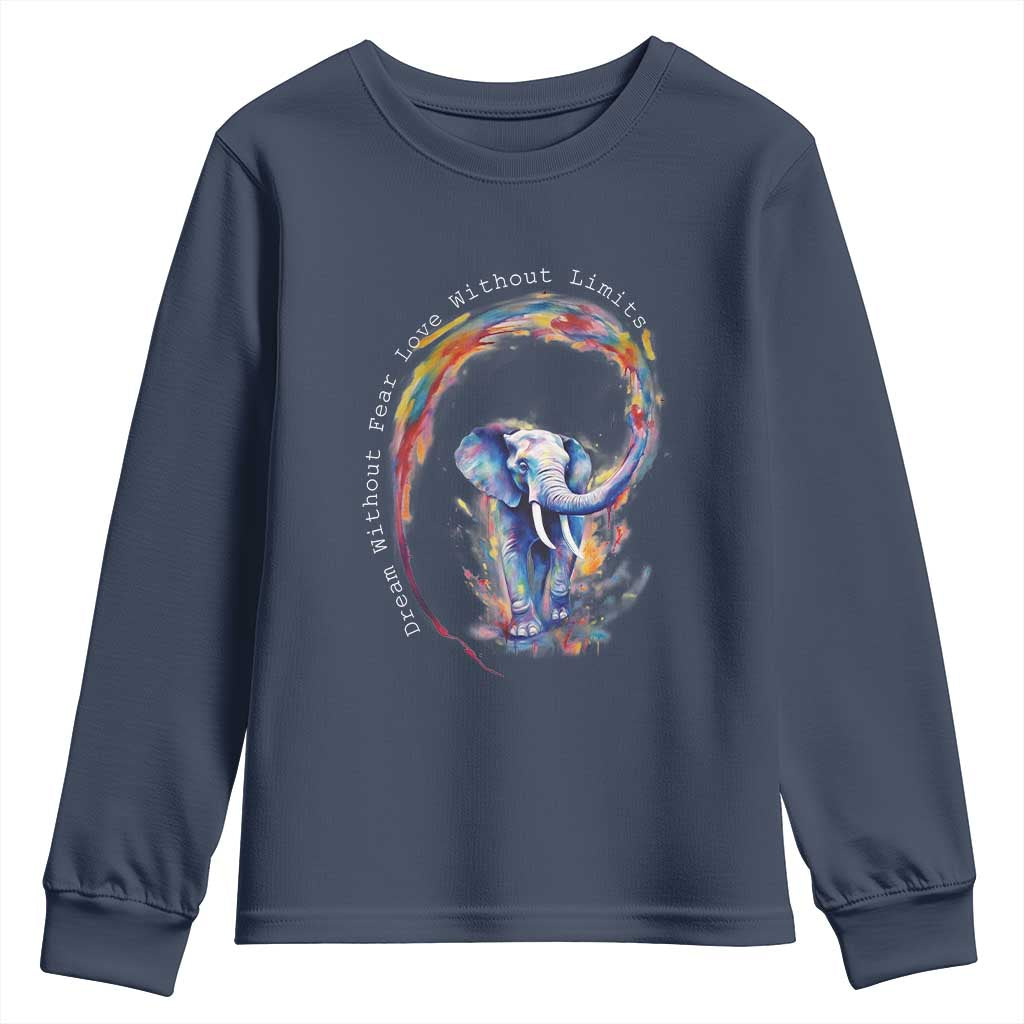 LGBTQ Ally Youth Sweatshirt Dream Without Fear Love Without Limits Rainbow Watercolor Elephant TS09 Navy Print Your Wear