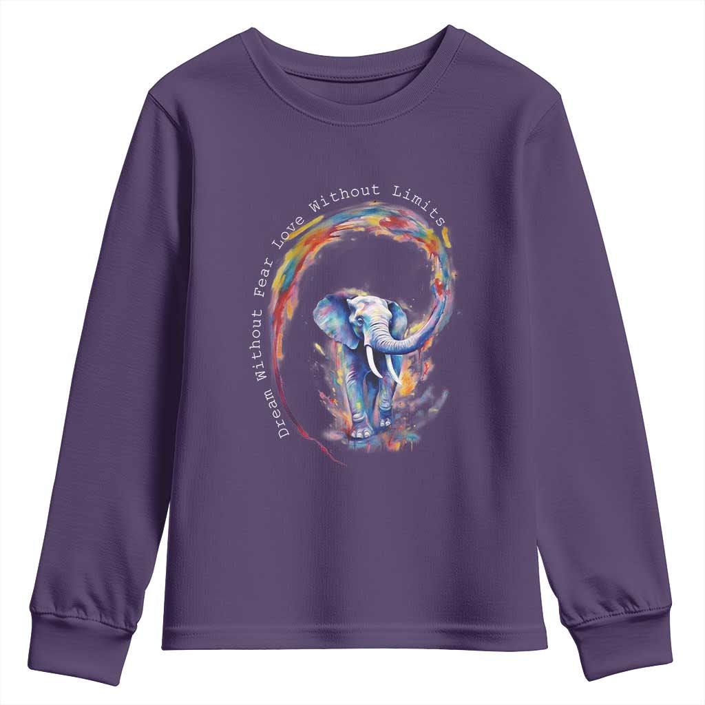 LGBTQ Ally Youth Sweatshirt Dream Without Fear Love Without Limits Rainbow Watercolor Elephant TS09 Purple Print Your Wear