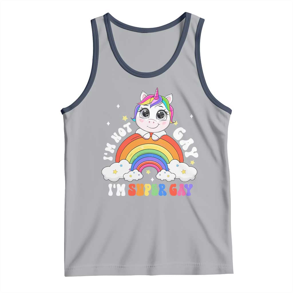 Funny LGBT Pride Tank Top I'm Not Gay I'm Super Gay Funny Unicorn Rainbow TS09 Athletic Heather Navy Print Your Wear
