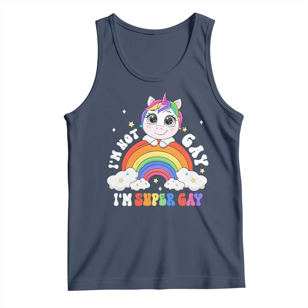 Funny LGBT Pride Tank Top I'm Not Gay I'm Super Gay Funny Unicorn Rainbow TS09 Navy Print Your Wear