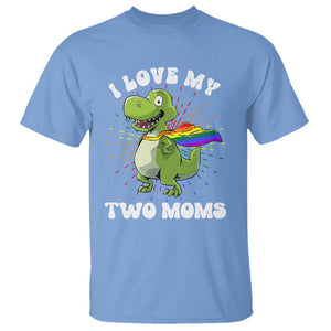 Funny Lesbian T Shirt I Love My Two Moms Rainbow Dinosaur TS09 Carolina Blue Printyourwear