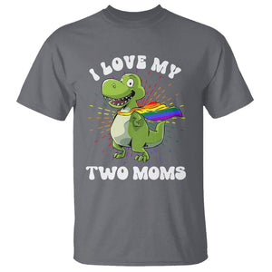 Funny Lesbian T Shirt I Love My Two Moms Rainbow Dinosaur TS09 Charcoal Printyourwear