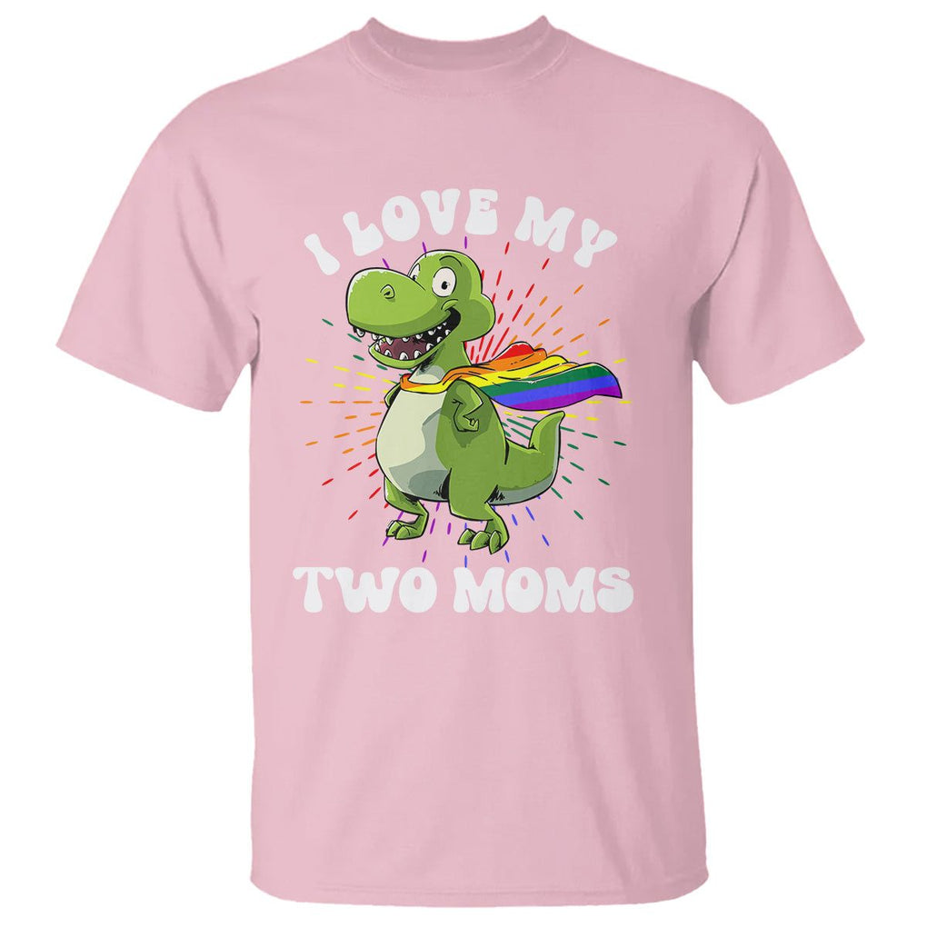 Funny Lesbian T Shirt I Love My Two Moms Rainbow Dinosaur TS09 Light Pink Printyourwear