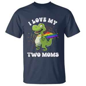 Funny Lesbian T Shirt I Love My Two Moms Rainbow Dinosaur TS09 Navy Printyourwear