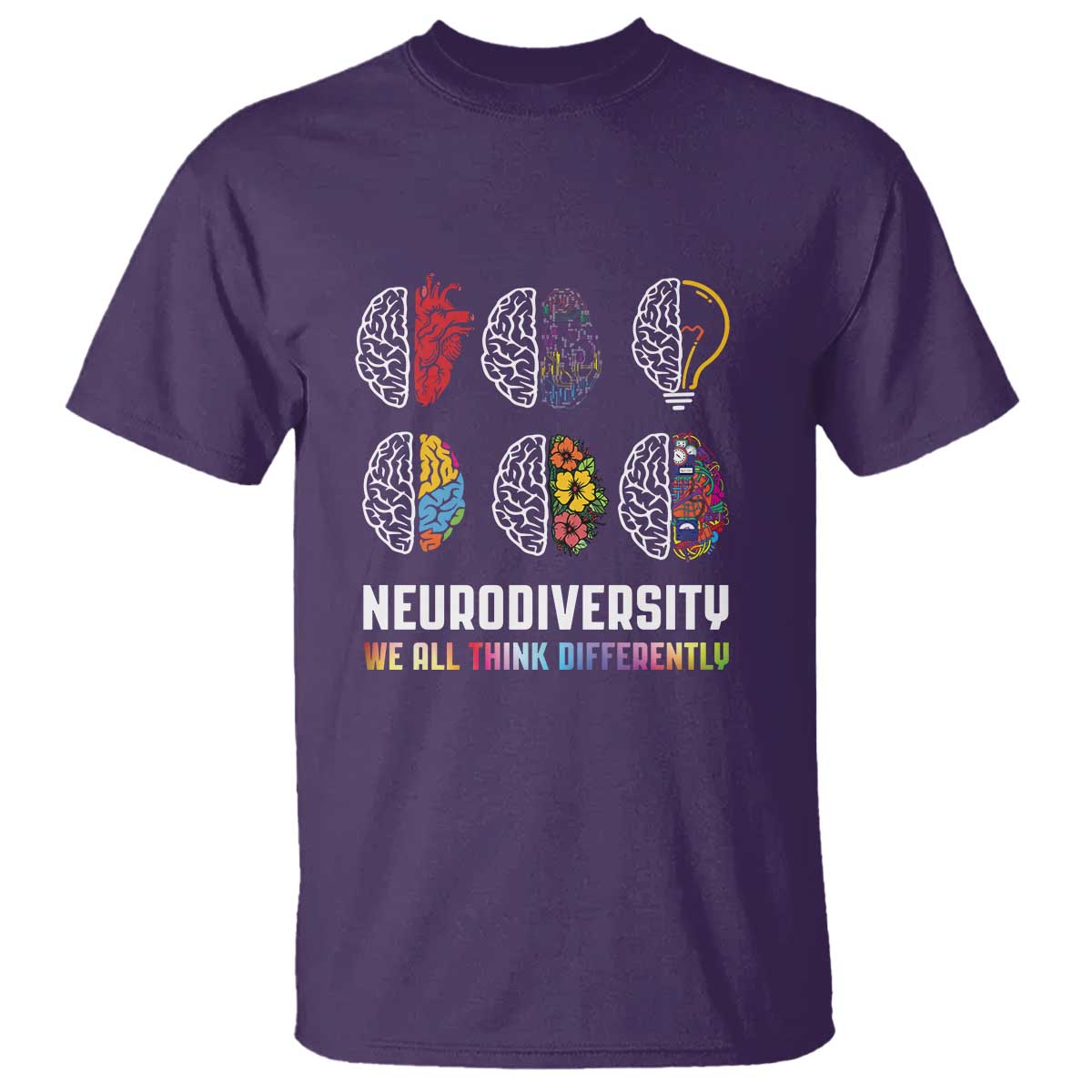 Neurodiversity T Shirt - We All Think Differently Autism ADHD ASD Awareness Tee TS09 Purple Printyourwear