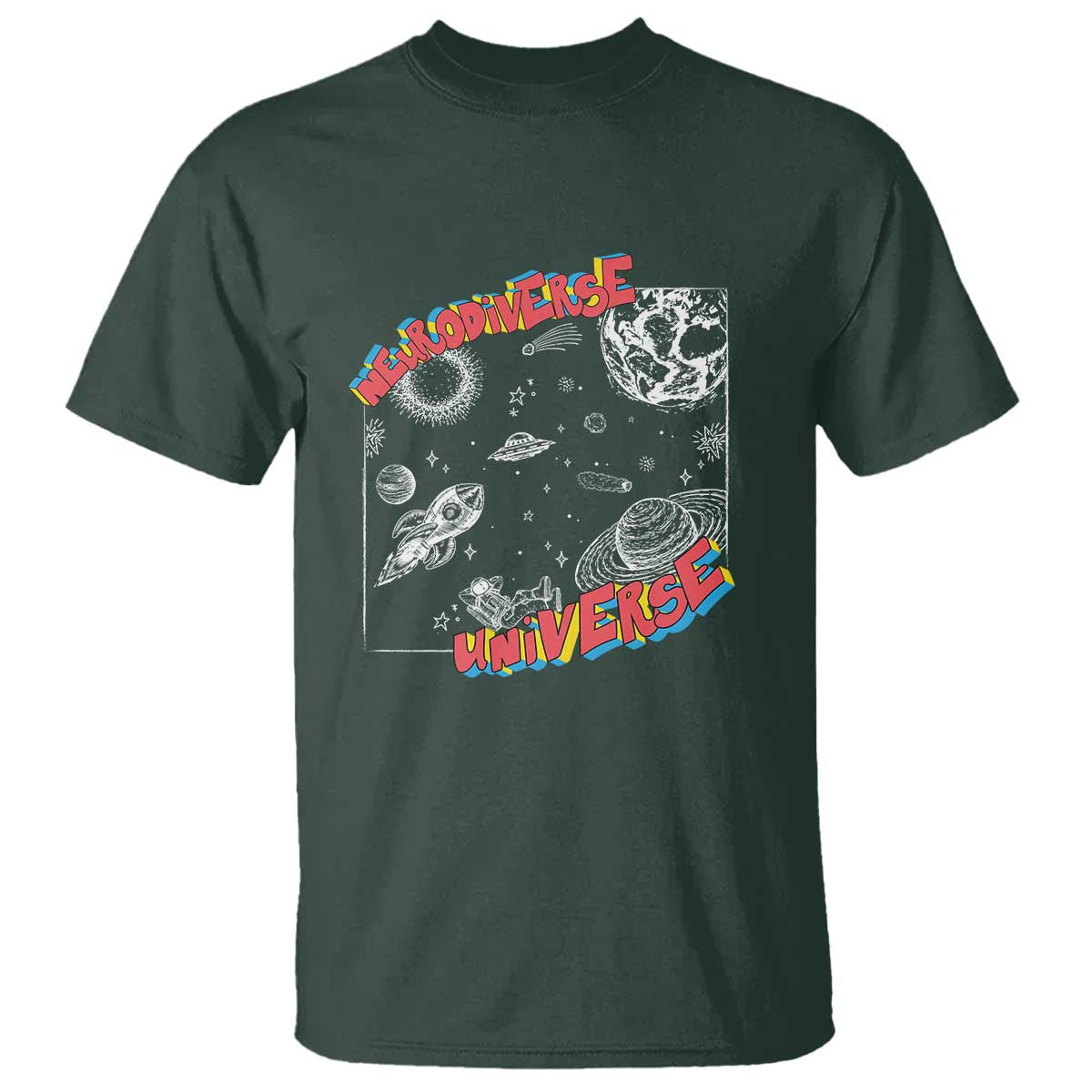 Funny Neurodiversity T Shirt Neurodiverse Brain Universe Autism ADHD TS09 Dark Forest Green Print Your Wear