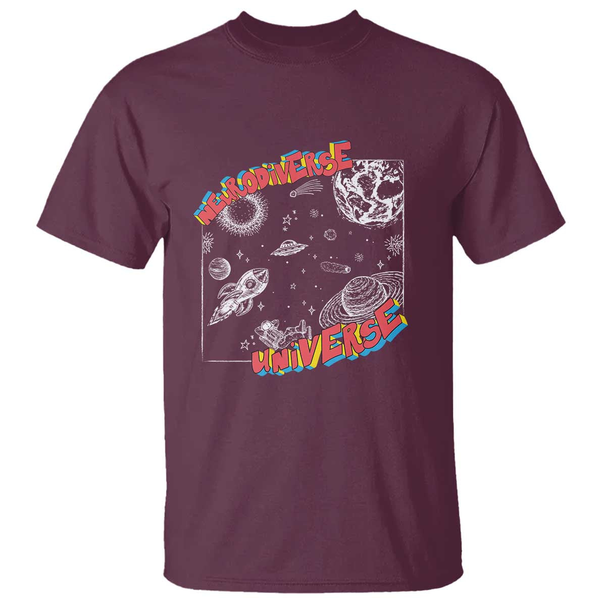 Funny Neurodiversity T Shirt Neurodiverse Brain Universe Autism ADHD TS09 Maroon Print Your Wear