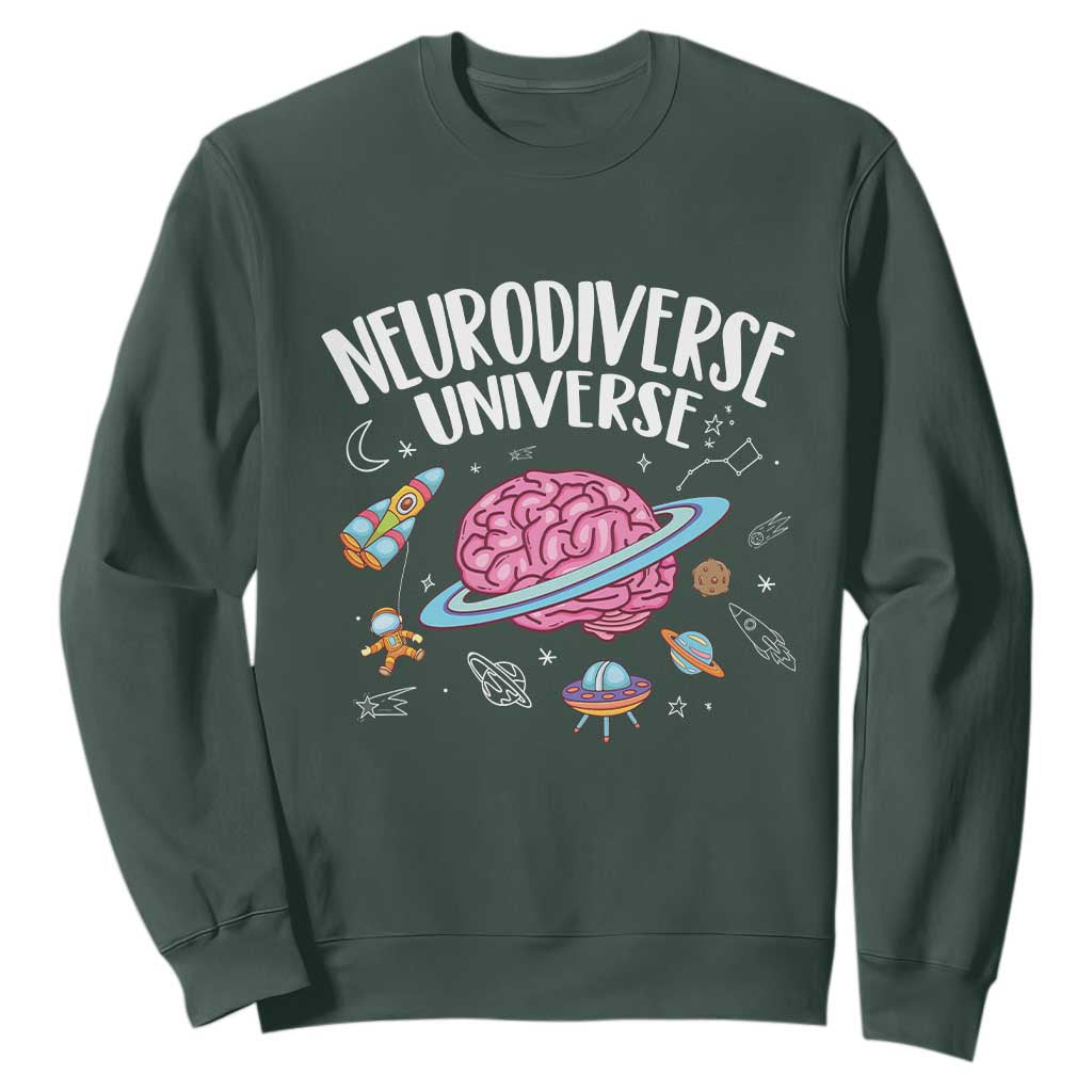 Neurodiversity Sweatshirt Neurodiverse Funny Brain Universe Autism ADHD ASD TS09 Dark Forest Green Printyourwear