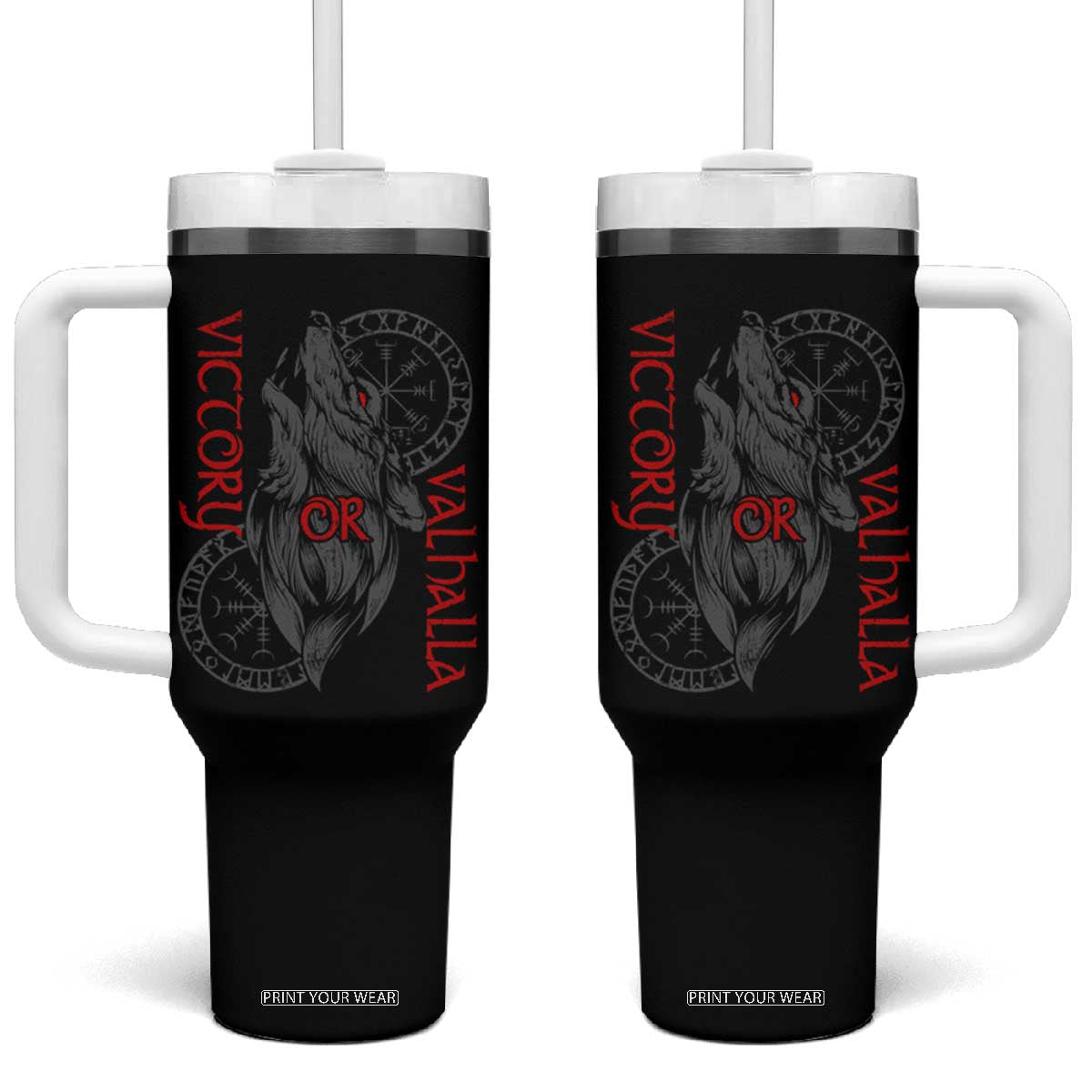 Viking Victory Or Valhalla Tumbler With Handle Norse Mythology TS09 One Size: 40 oz Black Print Your Wear
