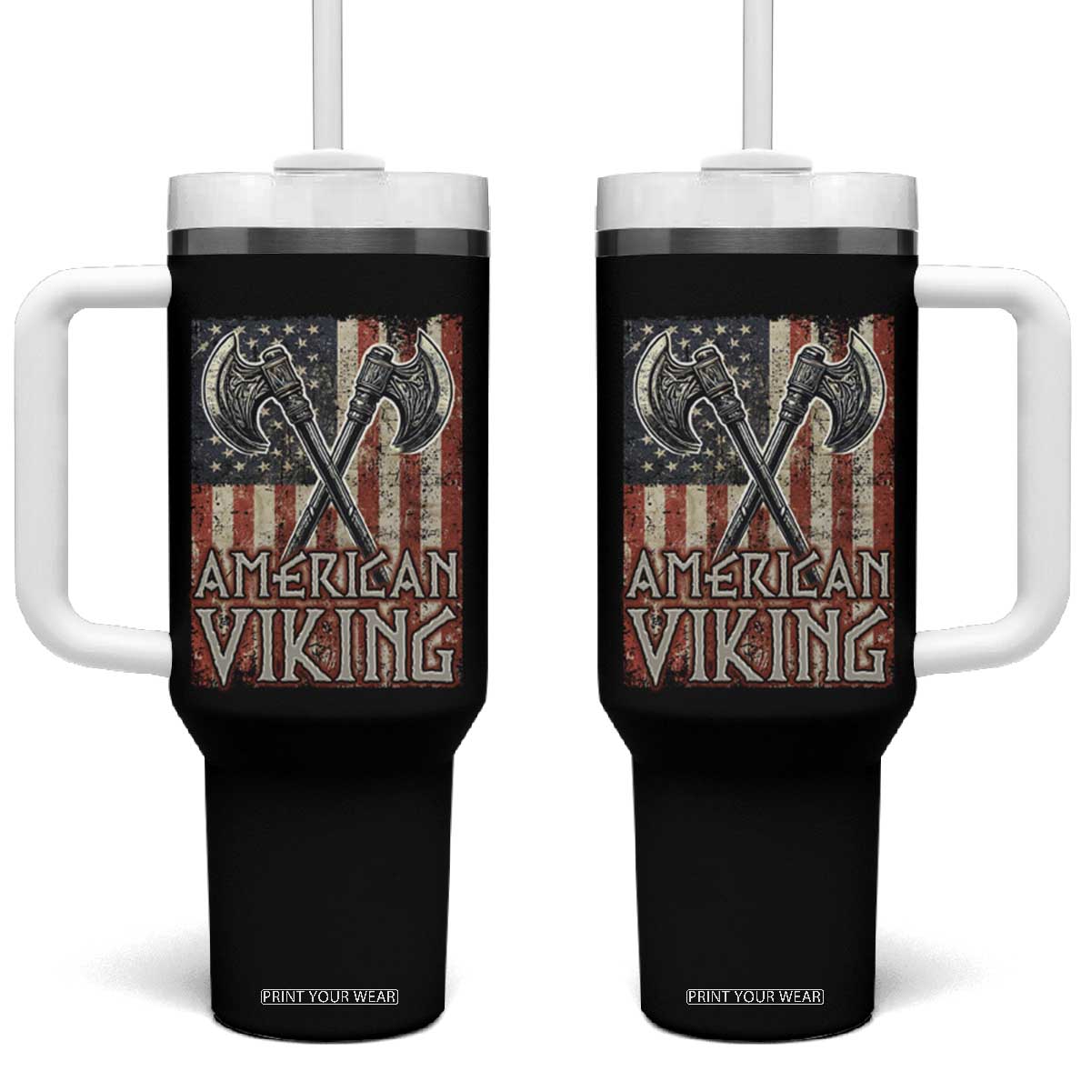 American Viking Tumbler With Handle American Flag Axe Norse Mythology TS09 One Size: 40 oz Black Print Your Wear