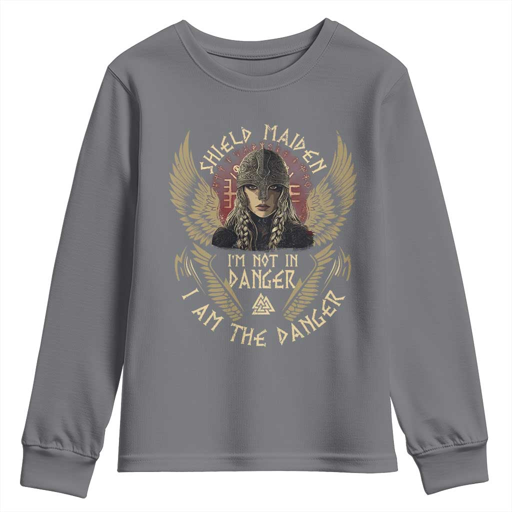 Shield Maiden Youth Sweatshirt I Am The Danger Female Warrior Scandinavian Folklore Mythology TS09 Charcoal Print Your Wear