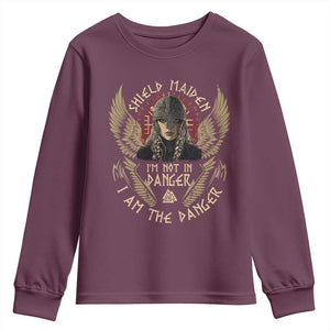 Shield Maiden Youth Sweatshirt I Am The Danger Female Warrior Scandinavian Folklore Mythology TS09 Maroon Print Your Wear