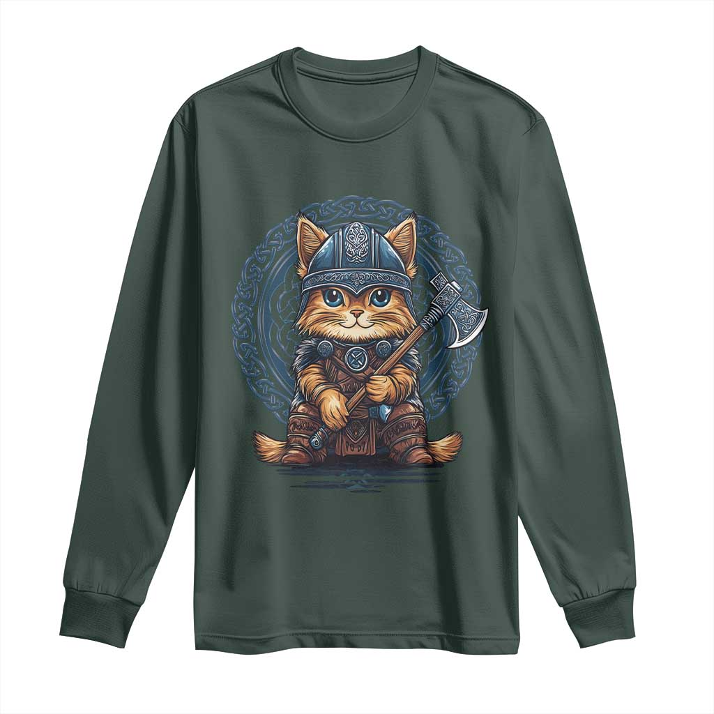Nordic Norse Viking Cat Warrior Long Sleeve Shirt TS09 Dark Forest Green Print Your Wear