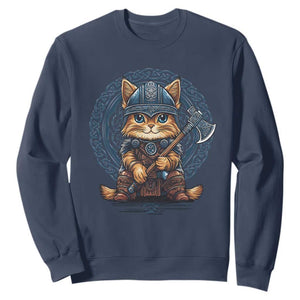 Nordic Norse Viking Cat Warrior Sweatshirt TS09 Navy Print Your Wear