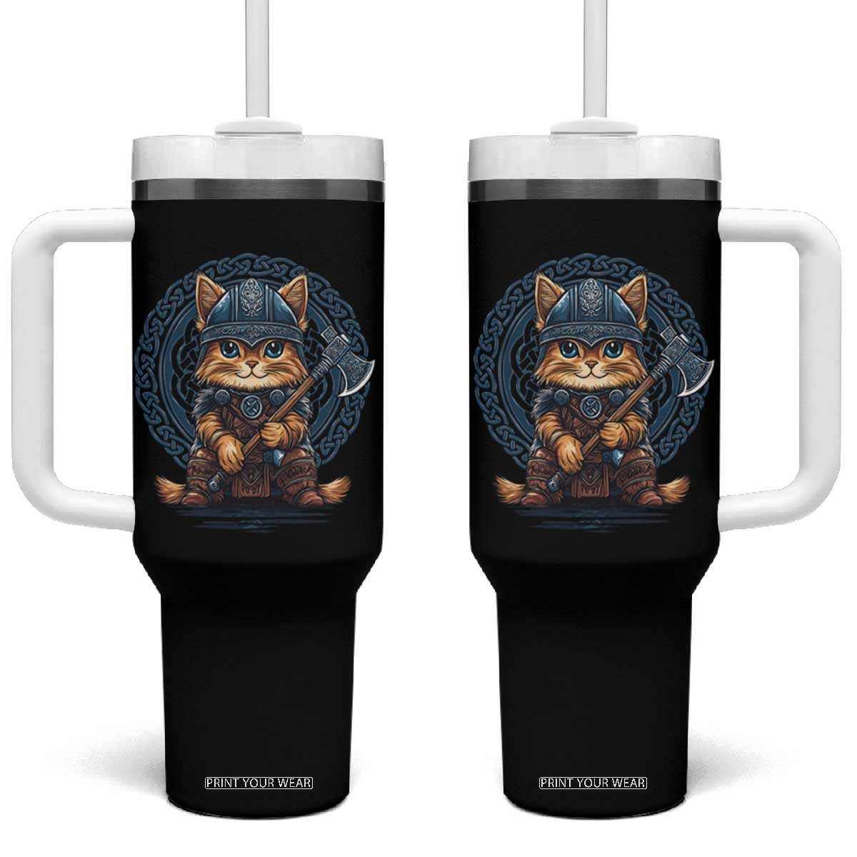 Nordic Norse Viking Cat Warrior Tumbler With Handle TS09 One Size: 40 oz Black Print Your Wear