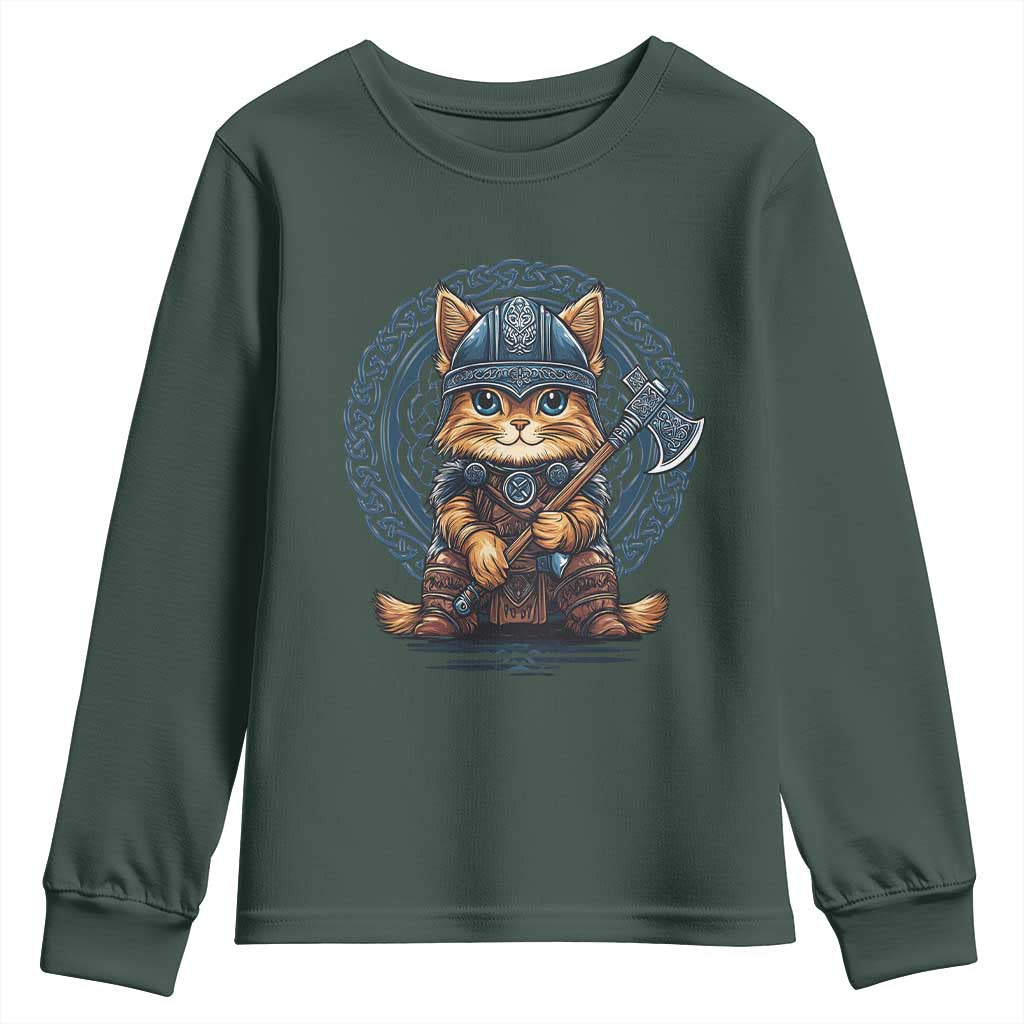 Nordic Norse Viking Cat Warrior Youth Sweatshirt TS09 Dark Forest Green Print Your Wear