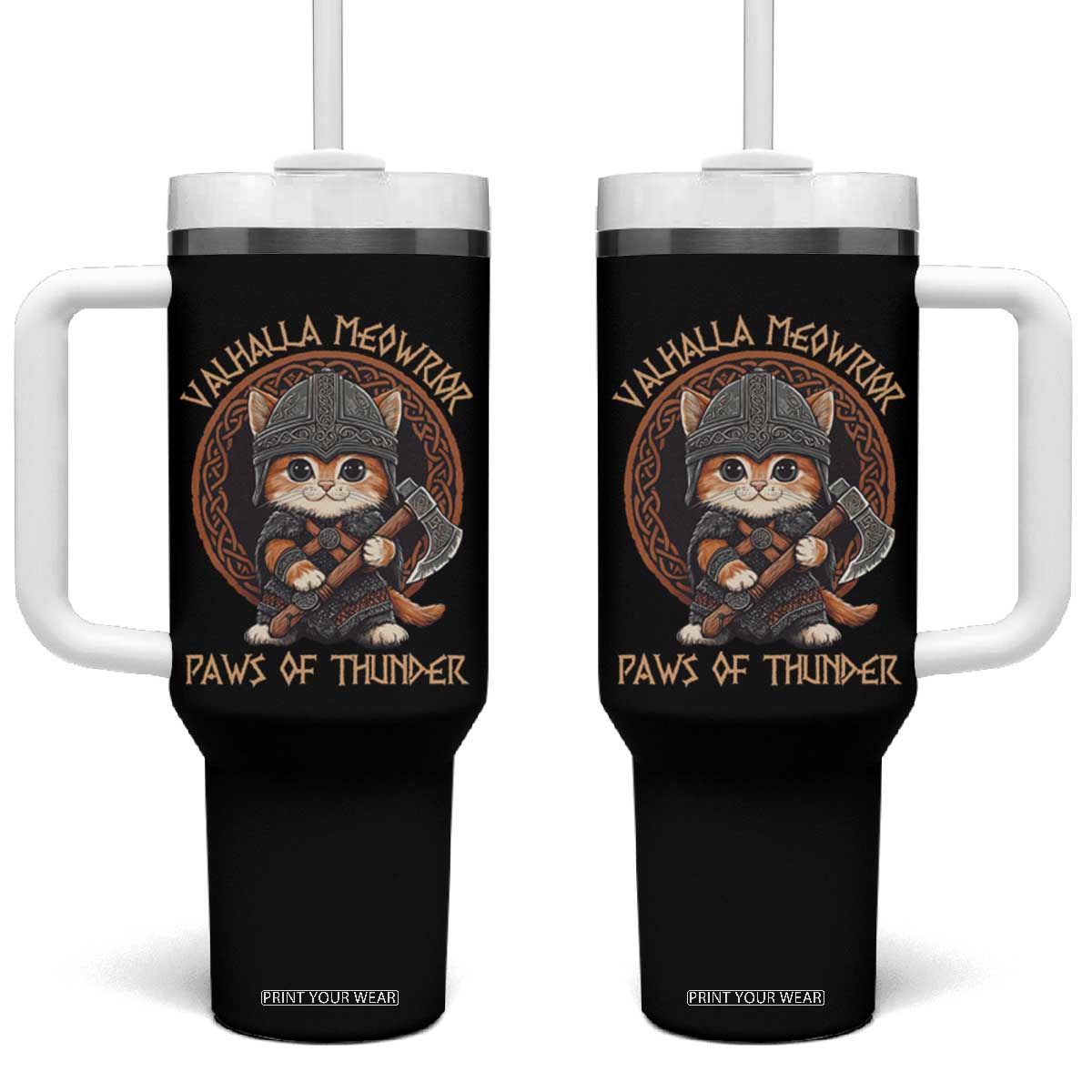 Viking Cat Tumbler With Handle Norse Mythology Cat Warrior TS09 One Size: 40 oz Black Print Your Wear