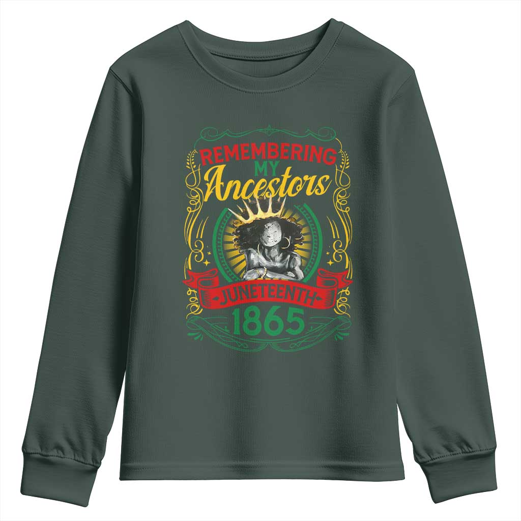 Black Women Pride Juneteenth Youth Sweatshirt Remembering My Ancestors Melanin TS09 Dark Forest Green Print Your Wear