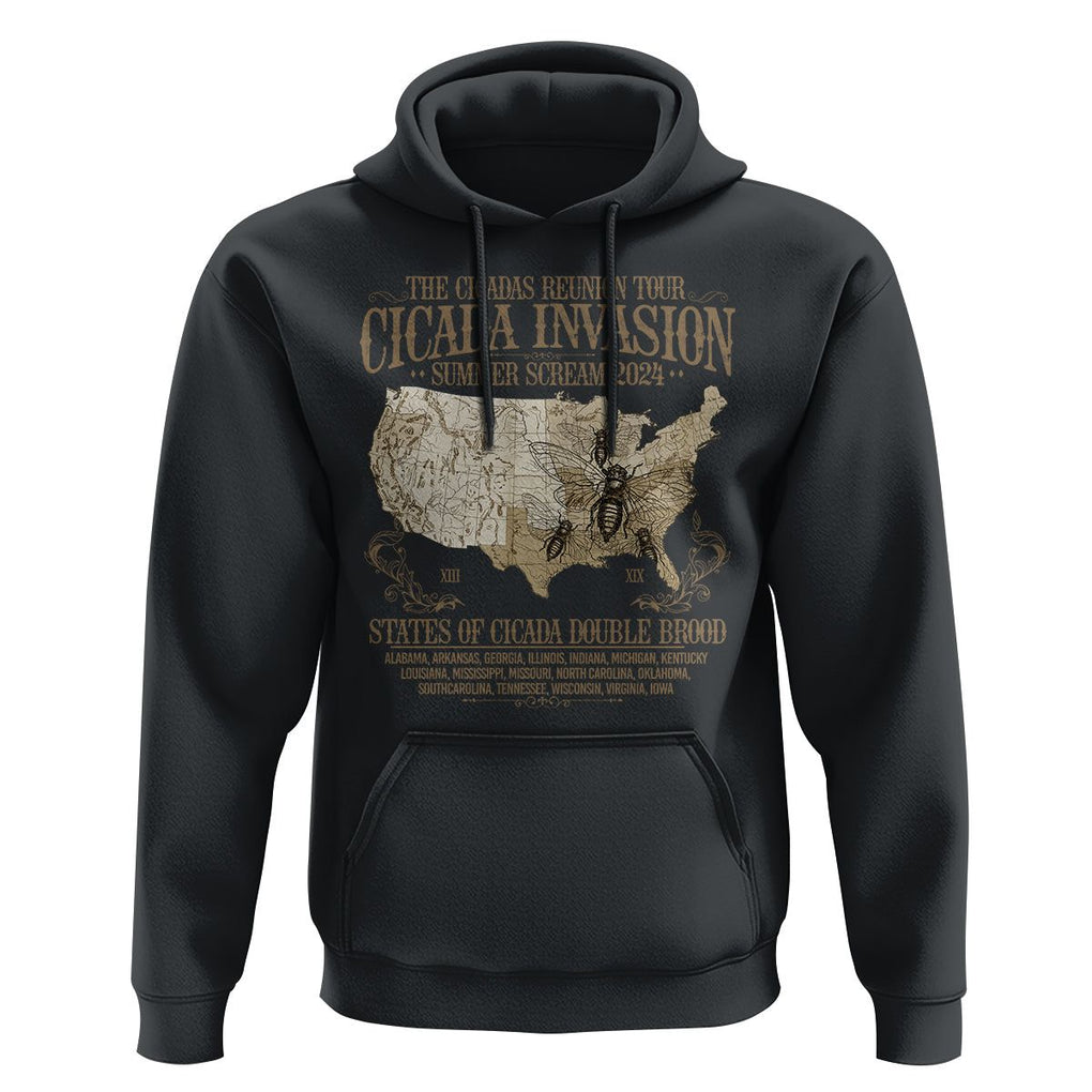 The Cicada Reunion U.S Tour 2024 Hoodie States Of Cicada Double Brood XIII & XIX American Map TS09 Black Print Your Wear