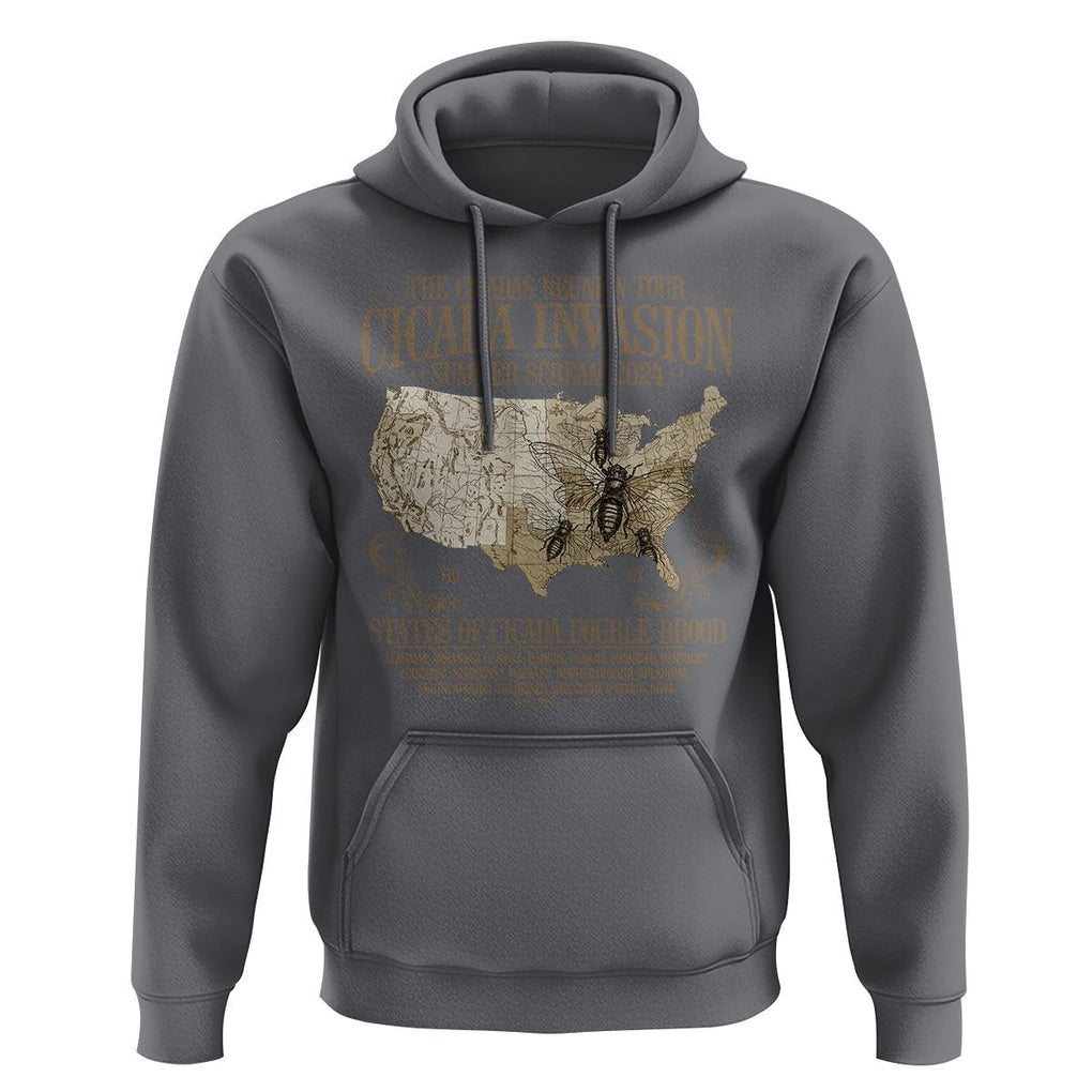 The Cicada Reunion U.S Tour 2024 Hoodie States Of Cicada Double Brood XIII & XIX American Map TS09 Charcoal Print Your Wear