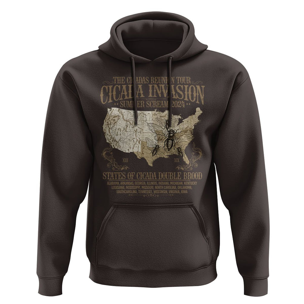 The Cicada Reunion U.S Tour 2024 Hoodie States Of Cicada Double Brood XIII & XIX American Map TS09 Dark Chocolate Print Your Wear