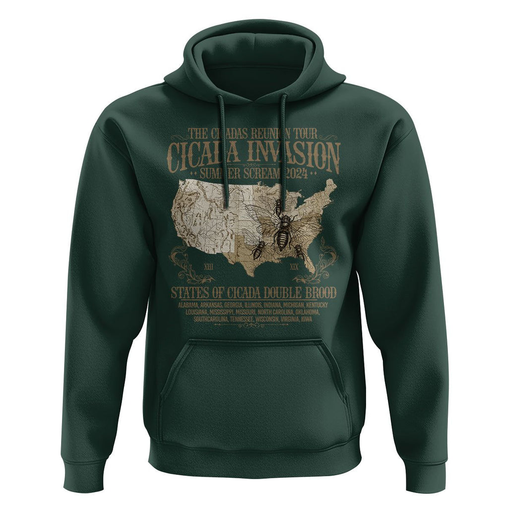 The Cicada Reunion U.S Tour 2024 Hoodie States Of Cicada Double Brood XIII & XIX American Map TS09 Dark Forest Green Print Your Wear