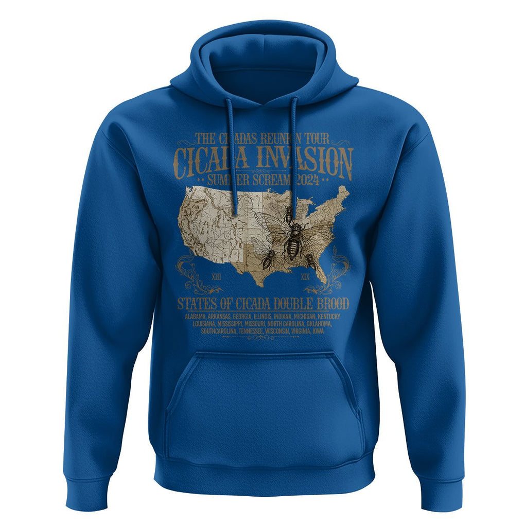 The Cicada Reunion U.S Tour 2024 Hoodie States Of Cicada Double Brood XIII & XIX American Map TS09 Royal Blue Print Your Wear