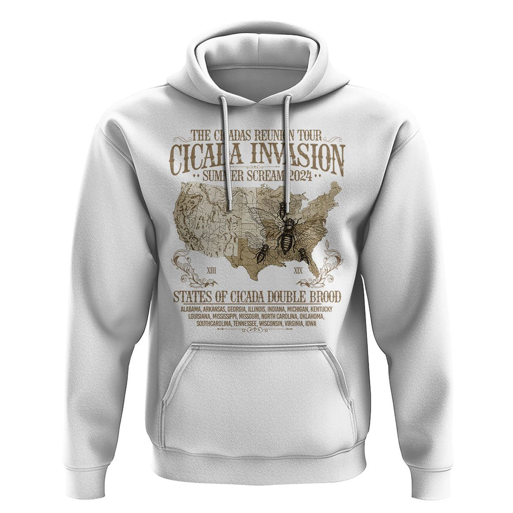 The Cicada Reunion U.S Tour 2024 Hoodie States Of Cicada Double Brood XIII & XIX American Map TS09 White Print Your Wear