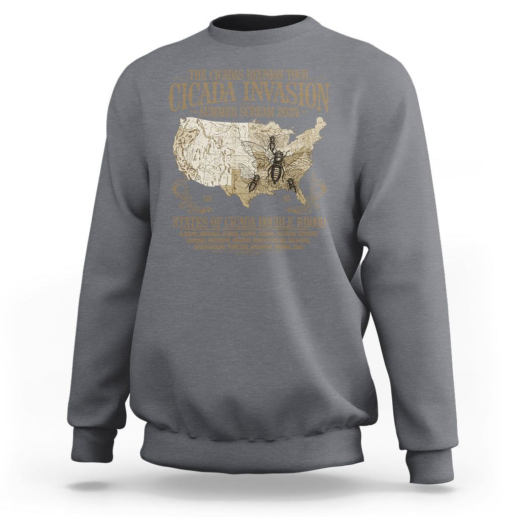 The Cicada Reunion U.S Tour 2024 Sweatshirt States Of Cicada Double Brood XIII & XIX American Map TS09 Charcoal Print Your Wear